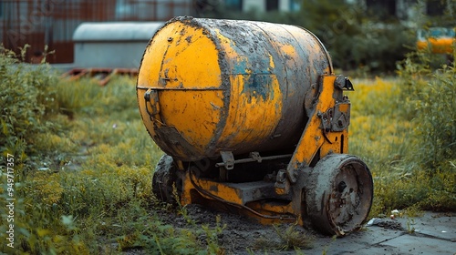 building construction equipment in the form of an old broken concrete mixer on grassy ground : Generative AI photo