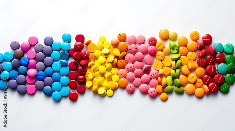 A rainbow arrangement of pills and tablets in a neat row, vibrant colors, crisp details, bright lighting, clean white background, hd quality, natural look. --ar 16:9 --v 6.0 --s 250 --style raw A rainbow arrangement of pills and tablets in a neat row, vibrant colors, crisp details, bright lighting, clean white background, hd quality, natural look. --ar 16:9 --v 6.0 --s 250 --style raw
