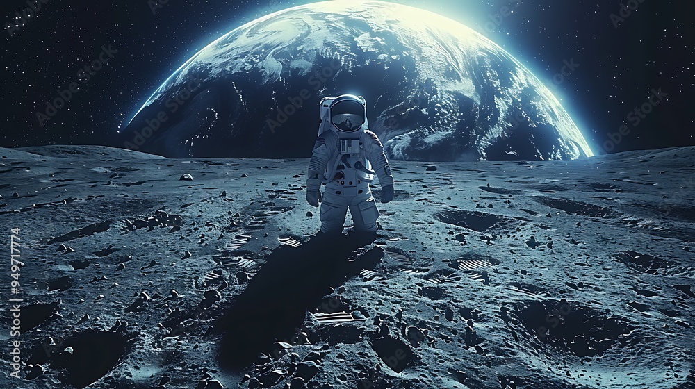 An astronaut floating above the Moon, taking a selfie with the Earth ...