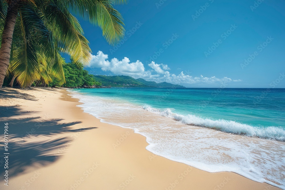 Palm Tree Shadow on a Sandy Beach with Foamy Waves and Lush Green Hills in the Distance Palm Tree Shadow on a Sandy Beach with Foamy Waves and Lush Green Hills in the Distance