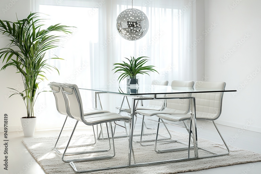 Fototapeta premium Modern dining area with a glass table, white chairs, and decorative plants.