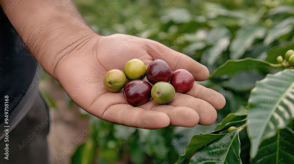 Close-up of a hand holding ripe and unripe coffee cherries amidst lush green coffee plant leaves Close-up of a hand holding ripe and unripe coffee cherries amidst lush green coffee plant leaves