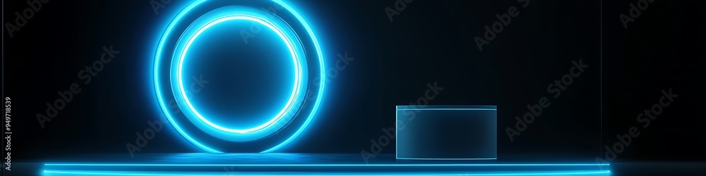 Sci-fi vector render of a glowing neon blue round portal and an empty podium on a dark background, high-resolution detail. Sci-fi vector render of a glowing neon blue round portal and an empty podium on a dark background, high-resolution detail.