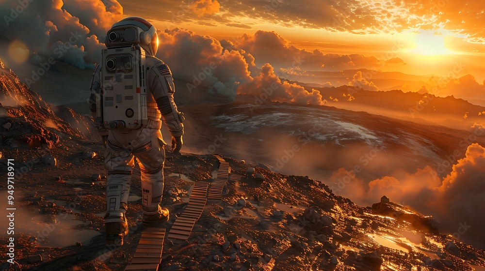 Obraz premium An astronaut looking back at the first footprint they’ve left on the surface of an uncharted planet, with the alien landscape stark and desolate, the sky filled with unfamiliar celestial bodies,