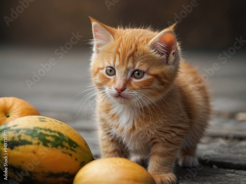 Orange kitten playfully positioned among ripe bananas. photo