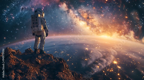 An astronaut on a rocky outcrop, gazing at a galaxy swirling in the sky above, the planet’s surface bathed in the soft glow of distant stars, the scene filled with a sense of awe and exploration,