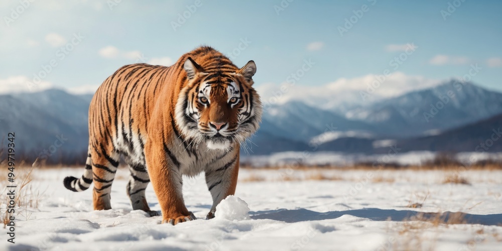 Obraz premium A tiger walks across a snow-covered field.