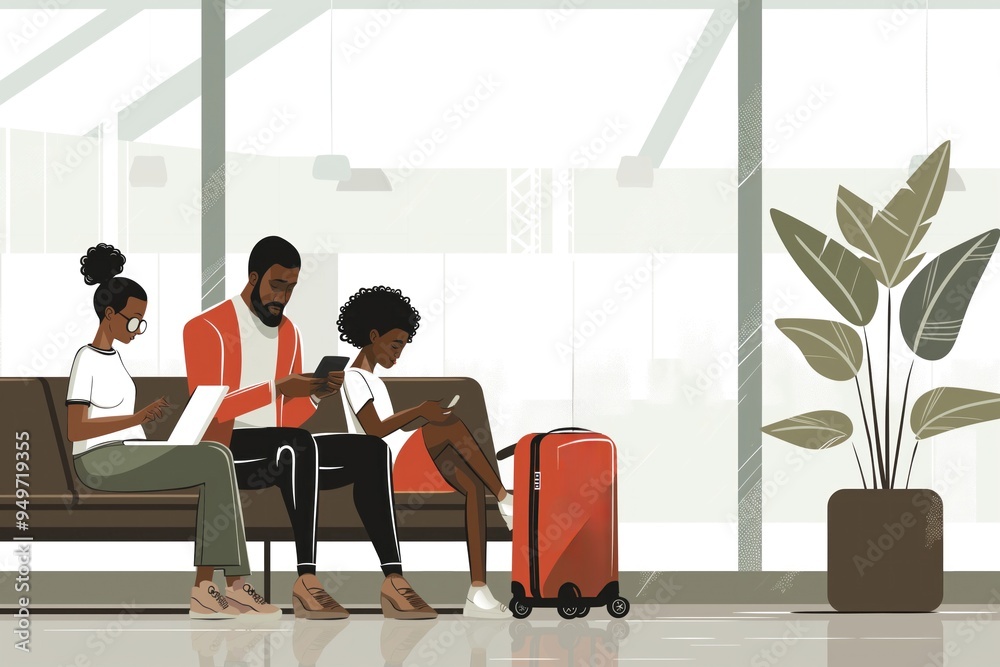 African American family of four prepares for travel at airport lounge. Father wears red shirt, black pants, mother white shirt, green pants, daughter blue shirt, black pants, son red shirt, black