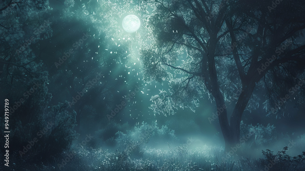 Moonlight forest. Mystical woodland scene with a large tree silhouetted against a bright moon and falling leaves, creating a magical ambiance.