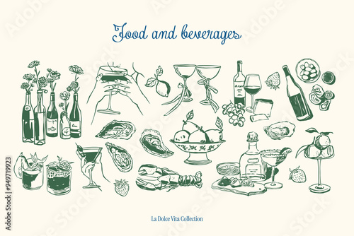 Minimalist hand drawn food and beverages vector illustration collection. Art for greeting cards, wedding invitations, poster design, postcards, branding, logo design. Matisse style doodles.