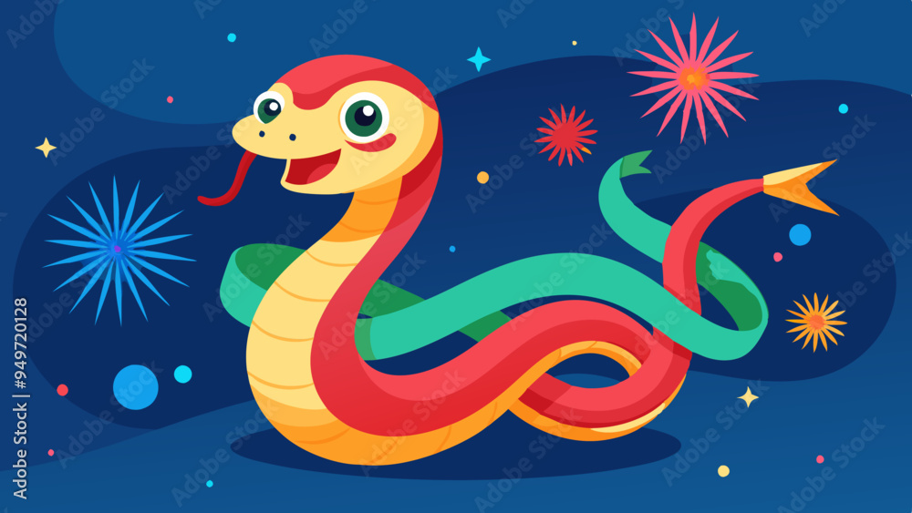 Cute Snake Waving Red and Gold Ribbon with Fireworks and Copy Space. Perfect for: Lunar New Year, New Year's Eve, Festive Celebrations Cute Snake Waving Red and Gold Ribbon with Fireworks and Copy Space. Perfect for: Lunar New Year, New Year's Eve, Festive Celebrations