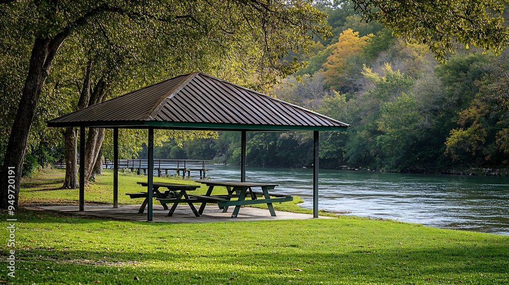 Picnic tables with a shelter and metal cover The park campsite is near a river with tree covered hills lush green grass and riverbanks There are empty benches and a fishing pier along : Generative AI Picnic tables with a shelter and metal cover The park campsite is near a river with tree covered hills lush green grass and riverbanks There are empty benches and a fishing pier along : Generative AI