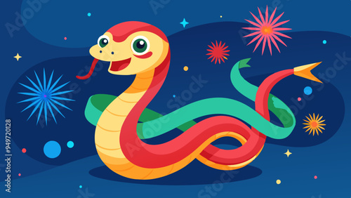 Cute Snake Waving Red and Gold Ribbon with Fireworks and Copy Space. Perfect for: Lunar New Year, New Year's Eve, Festive Celebrations