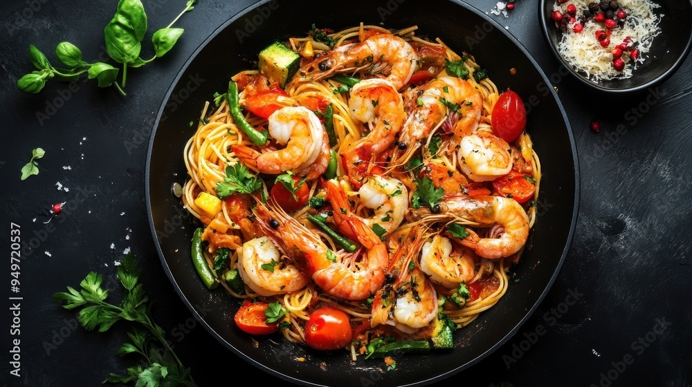 Shrimp Pasta with Vegetables in Black Pan Shrimp Pasta with Vegetables in Black Pan