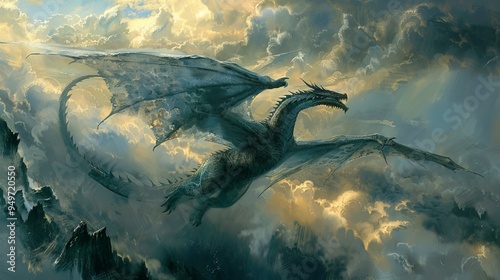 Dragon flying clouds. Majestic dragon soaring through clouds. Symbolizing power and freedom. Perfect for fantasy and mythical imagery. photo