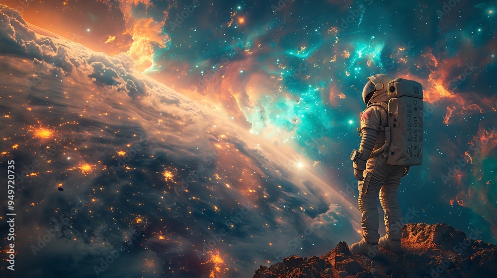 An astronaut standing on the edge of a barren planet, gazing out at a vast galaxy stretching across the sky, with vibrant stars and swirling cosmic clouds, An astronaut standing on the edge of a barren planet, gazing out at a vast galaxy stretching across the sky, with vibrant stars and swirling cosmic clouds,