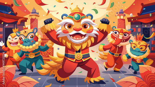 Exciting Lion Dance Performance in Vibrant Street Celebration. Perfect for: Chinese New Year, Mid-Autumn Festival, Lunar New Year, Cultural Festivals, Celebrations