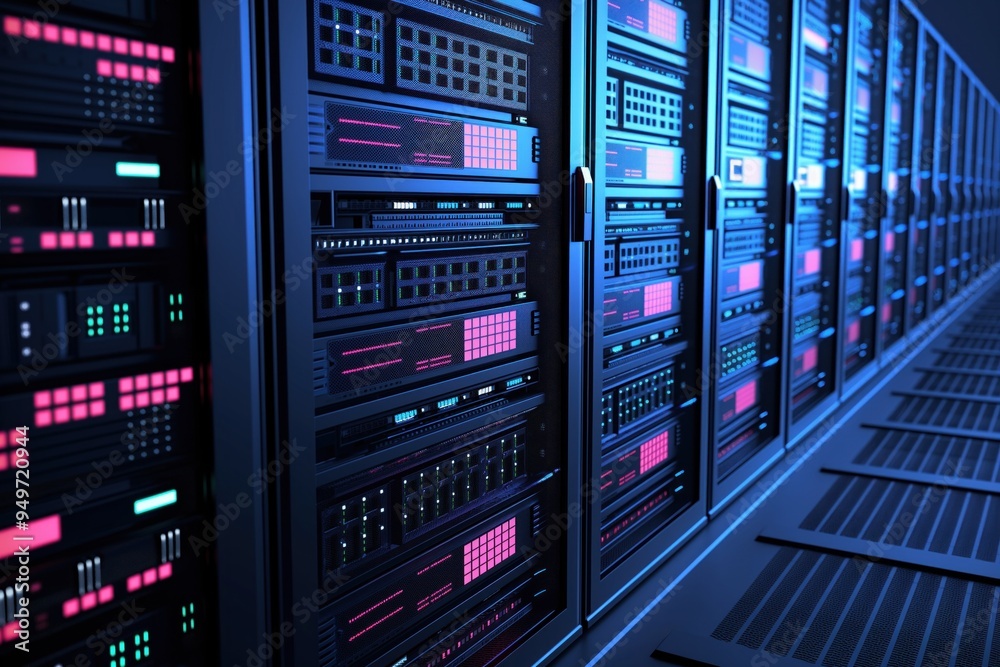 Data center racks in server room with computer equipment. Close-up of web hosting infrastructure, hardware networking systems, storage solutions for cyberspace datacenter. Data center racks in server room with computer equipment. Close-up of web hosting infrastructure, hardware networking systems, storage solutions for cyberspace datacenter.