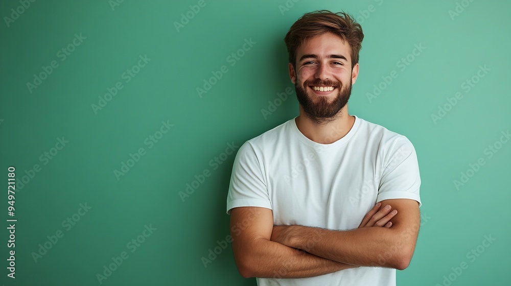 Fototapeta premium Waist up portrait of bearded young man smiling at camera while standing with arms crossed against pastel green minimal : Generative AI