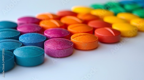 Colorful pills and tablets arranged in a rainbow sequence, vibrant hues, sharp focus, clean white background, bright lighting, hd quality, natural look. --ar 16:9 --v 6.0 --s 250 --style raw