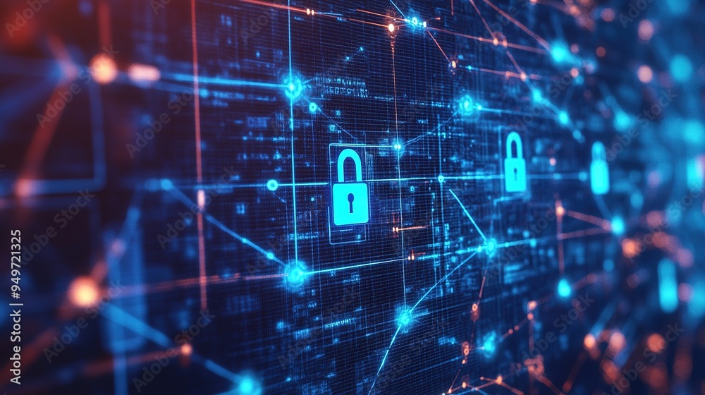 A digital representation of cyber insurance coverage, with a network of locks and data streams. A digital representation of cyber insurance coverage, with a network of locks and data streams.