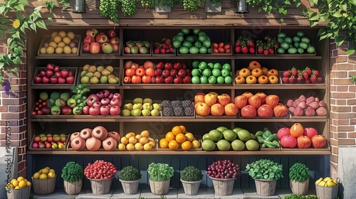 A vibrant display of fresh fruits and vegetables on wooden shelves at a farmers market.