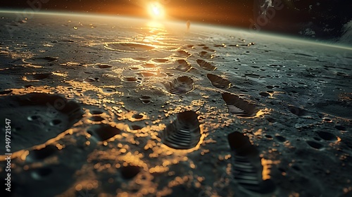 An astronaut walking across a barren, cratered lunar landscape, with Earth hanging in the blackness of space, the harsh light of the sun casting long shadows, footprints trailing behind, photo