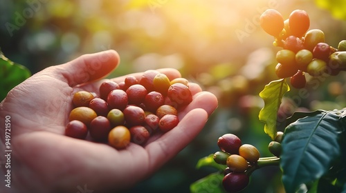 organic arabica coffee beans agriculturist  in farmharvesting Robusta and arabica  coffee berries by agriculturist handsWorker Harvest arabica coffee berries on its branch harvest conc : Generative AI photo