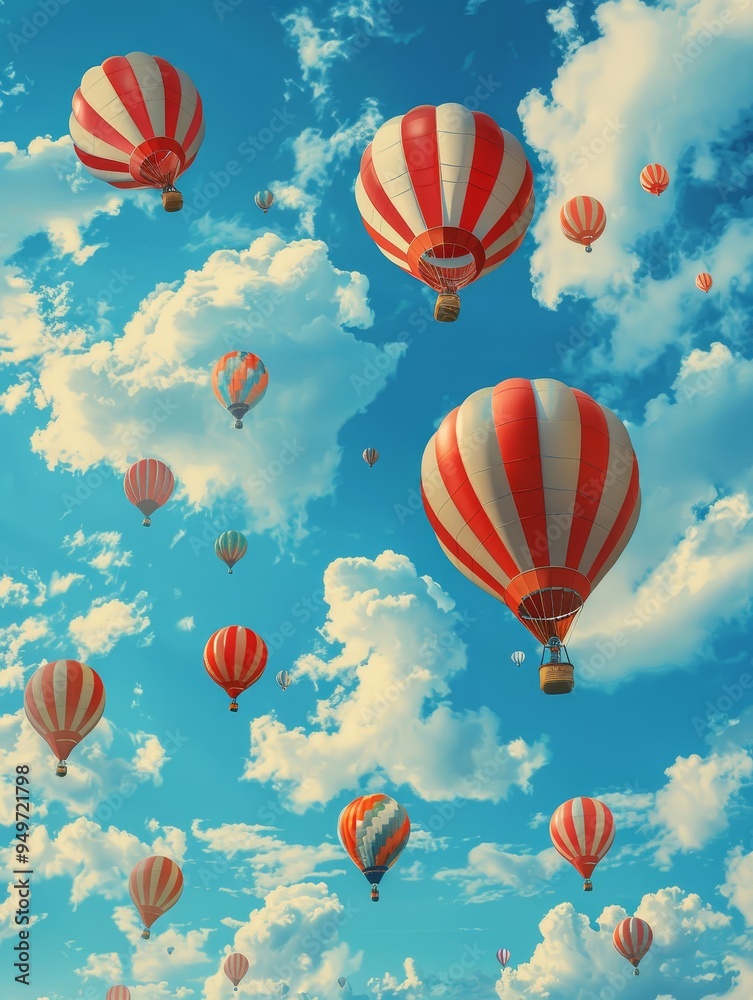 Fototapeta premium A vibrant illustration of hot air balloons soaring through a bright blue sky filled with fluffy white clouds.