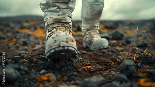 An astronaut's boot descending toward the alien soil, moments before making the first footprint on an uncharted planet, with the vast, empty landscape visible around, photo