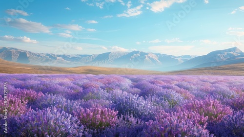 A vibrant lavender field stretches towards snow-capped mountains under a clear blue sky.