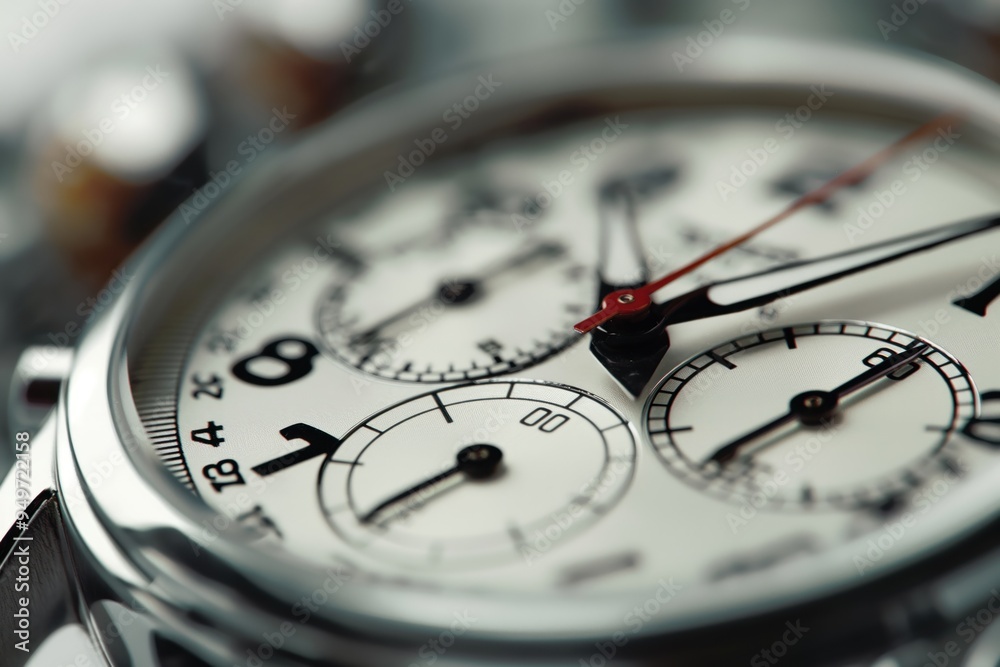 Close-up of silver watch face with black numbers and hands. Focus on watch face with blurred background. Portrait orientation, center framed, clear visibility. Close-up of silver watch face with black numbers and hands. Focus on watch face with blurred background. Portrait orientation, center framed, clear visibility.