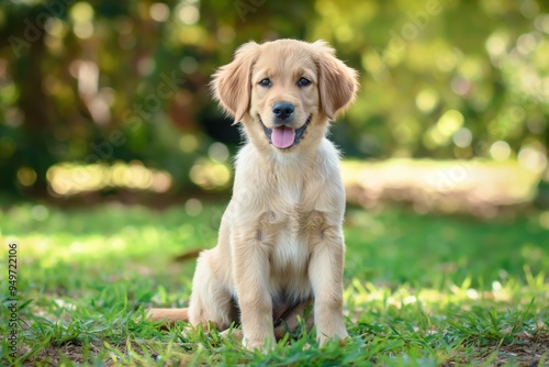 Golden retriever puppy plays on green grass at park. Cute labrador purebred dog sits on lush grass. Happy golden retriever puppy enjoys outdoor playtime.