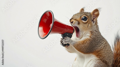 a squirrel holds a megaphone and yelling, white background. advertisement concept with wide text area