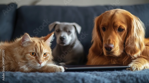 A digital representation of pet insurance on a tablet, with a cat and dog in the background.