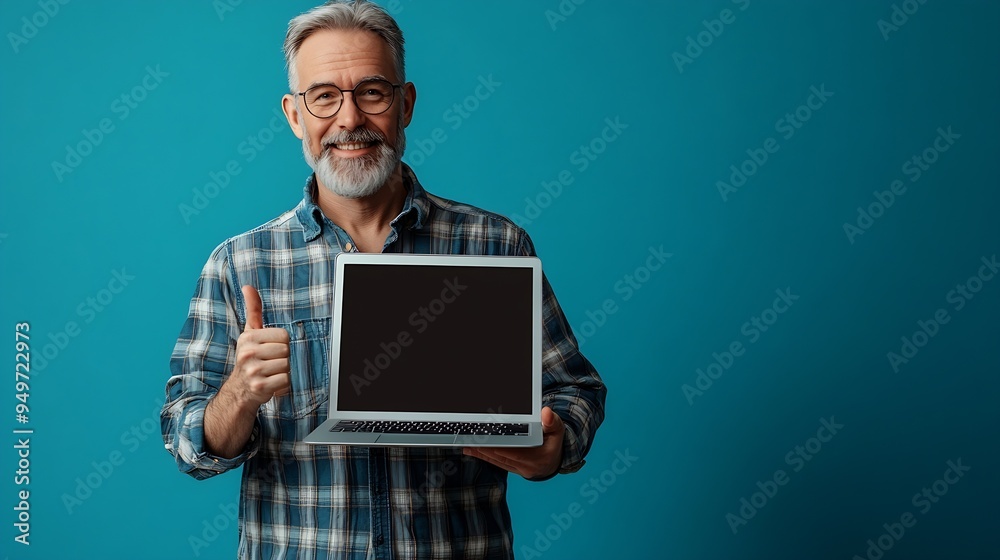New website Happy mature caucasian man holding laptop with blank screen and pointing at monitor standing on blue studio background mockup copy space : Generative AI New website Happy mature caucasian man holding laptop with blank screen and pointing at monitor standing on blue studio background mockup copy space : Generative AI