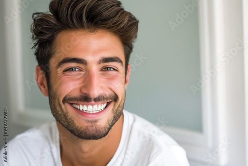 Handsome young adult man with big smile on face. He is cheerful, confident, photogenic. Positive happy expression with teeth showing. He is attractive, friendly, fun. Casual attire, indoor setting.