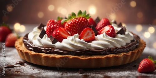 Chocolate strawberry tart with whipped cream. photo