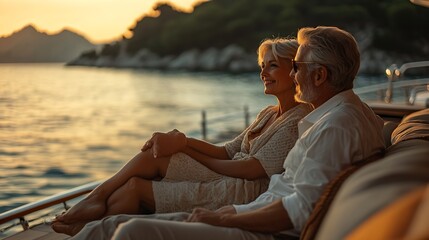 Romantic vacation and luxury travel Senior loving couple sitting on the yacht deck Sailing the river : Generative AI