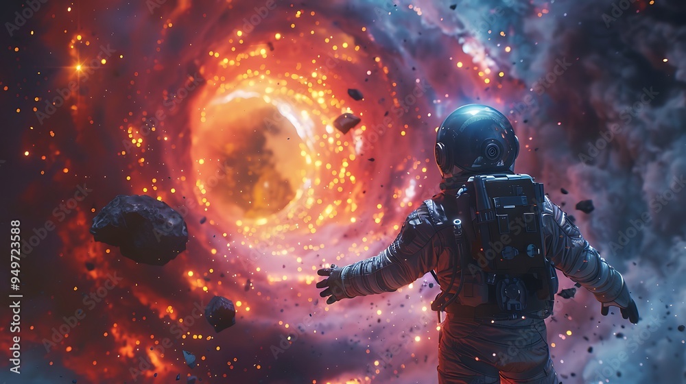 Fototapeta premium A cinematic shot of an astronaut reaching out toward a glowing wormhole, the spacecraft in the background, the intense energy and colors of the cosmic anomaly illuminating the scene,