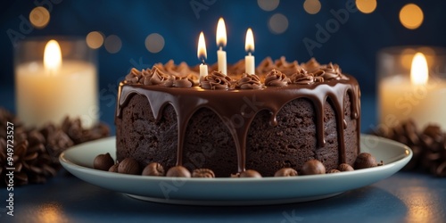 Celebratory chocolate cake with lit candles on blue background.