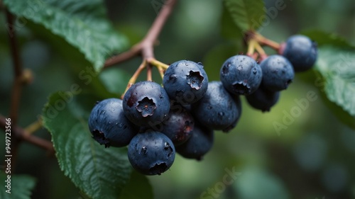 Bunch of ripe blueberries hanging on green leaves.