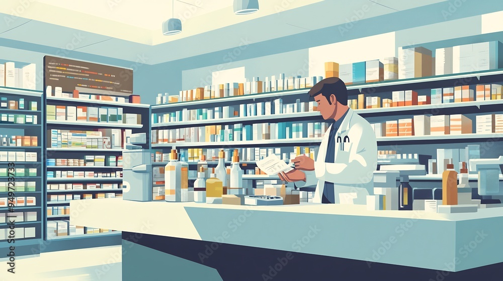 Illustration of a hospital pharmacy with shelves of medications and a pharmacist preparing prescriptions Illustration of a hospital pharmacy with shelves of medications and a pharmacist preparing prescriptions