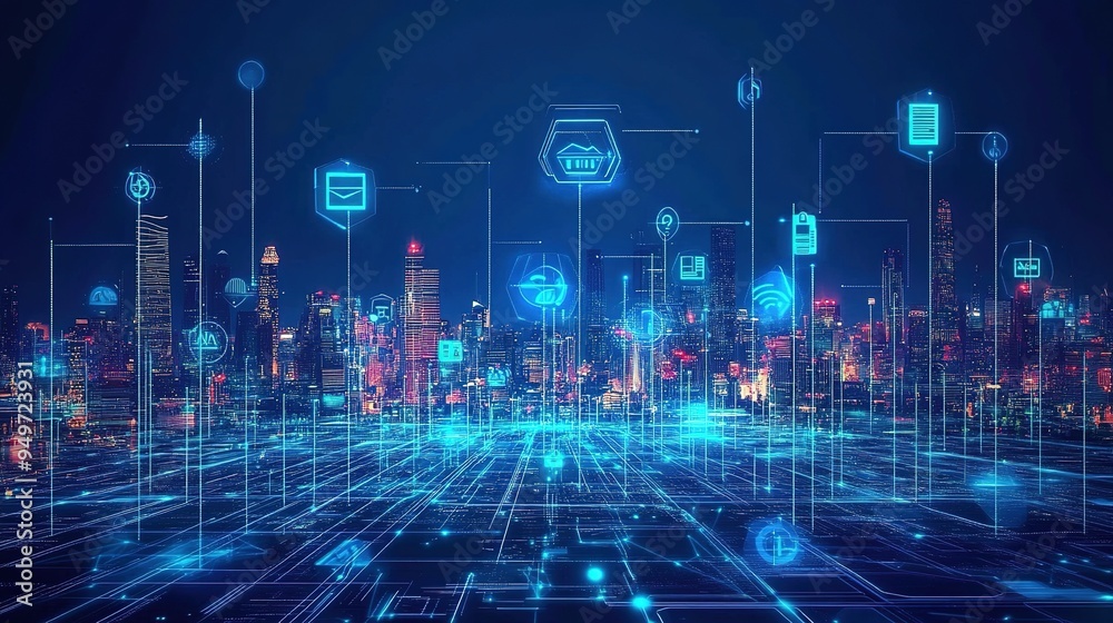 A digital transformation in the insurance industry represented by futuristic icons and a cityscape. A digital transformation in the insurance industry represented by futuristic icons and a cityscape.