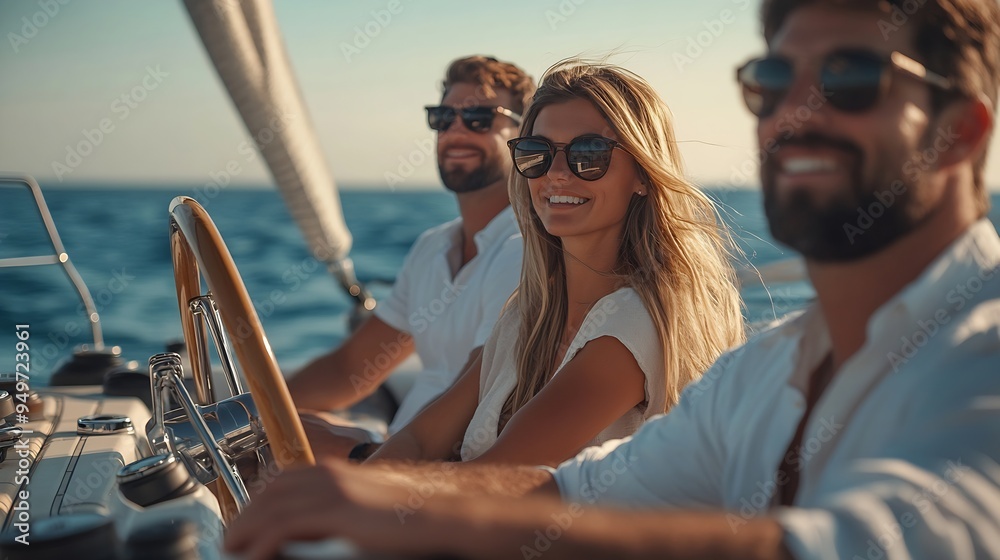 Fototapeta premium Group of friends relaxing on luxury yacht Having fun together while sailing in the sea Romantic couple sitting near steering wheel Traveling and yachting concept : Generative AI