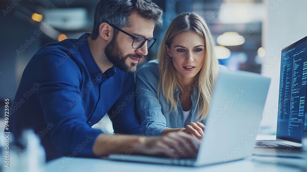 Side view portrait of two software developers using laptop together while working on project in IT company office copy space : Generative AI Side view portrait of two software developers using laptop together while working on project in IT company office copy space : Generative AI