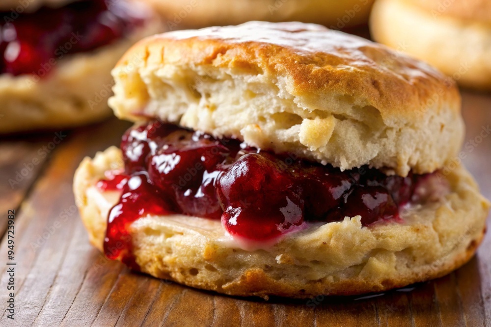 A close-up of a biscuit with jam oozing out from the center. A close-up of a biscuit with jam oozing out from the center.