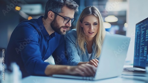 Side view portrait of two software developers using laptop together while working on project in IT company office copy space : Generative AI