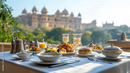 Table with a Continental breakfast on the terrace of the Umaid Bhawan Palace in Jodhpur Rajasthan India Asia : Generative AI photo