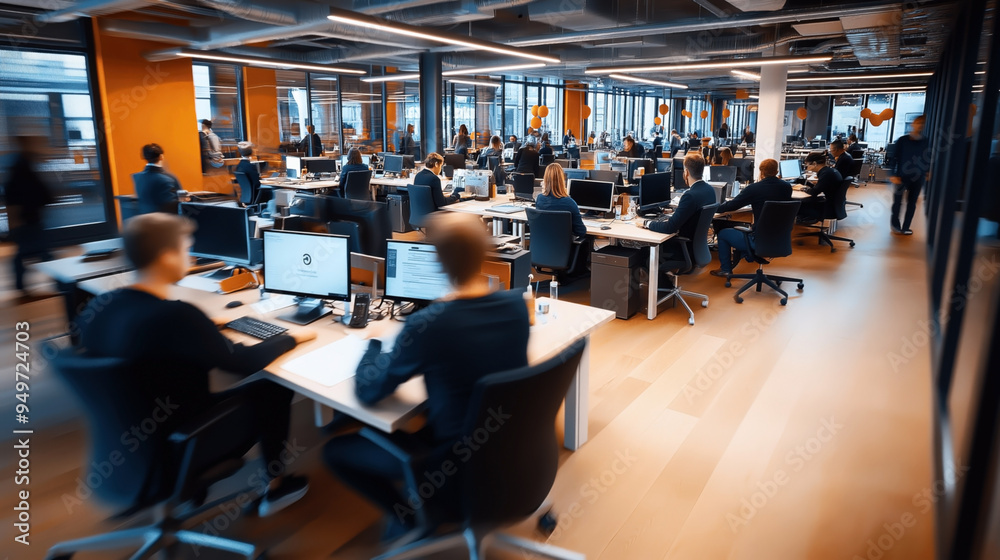 Modern open-plan office with numerous employees working at desks, using computers with large monitors, bright lighting, and a spacious environment. Modern open-plan office with numerous employees working at desks, using computers with large monitors, bright lighting, and a spacious environment.